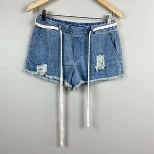Aerie Denim Shorts S Blue Jean Belted Cut Off Fray Hem Distressed New‎
